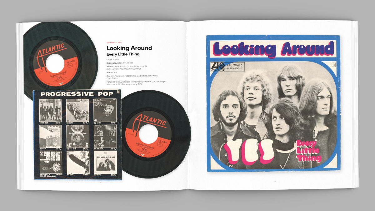 The German picture sleeve 45 rpm record for YES's "Looking Around" shown on pages from Yesstuff Volume 3: A Compendium of YES 45 rpm Picture Sleeve Singles.